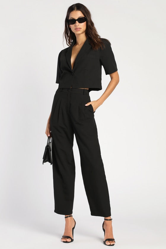 Posh Company Black Pleated High-Waisted Trouser Pants