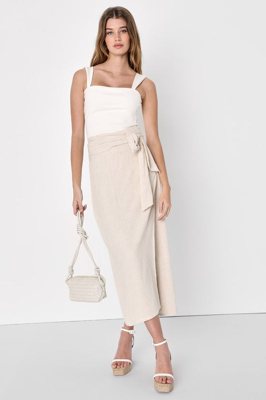 Breezy Personality Beige Linen Midi Wrap Skirt