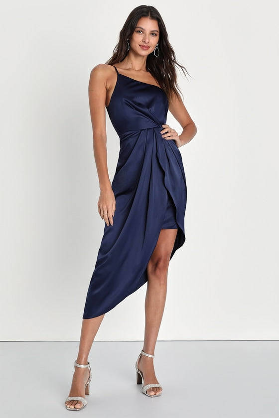 Law of Attraction Navy Blue One-Shoulder Asymmetrical Midi Dress