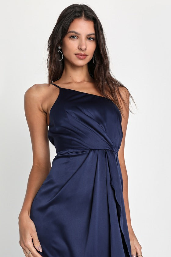 Law of Attraction Navy Blue One-Shoulder Asymmetrical Midi Dress