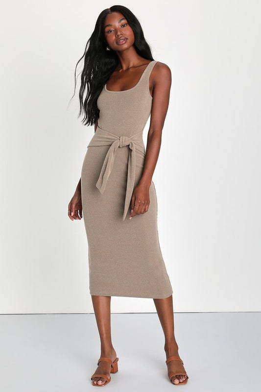 Optimistic Essence Taupe Ribbed Knit Tie-Front Midi Dress