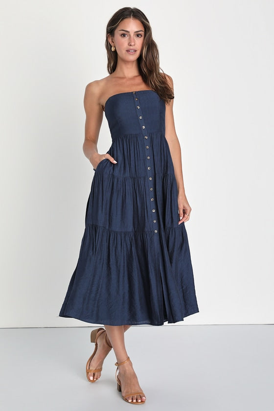 Sweetness and Sunshine Navy Strapless Midi Dress With Pockets