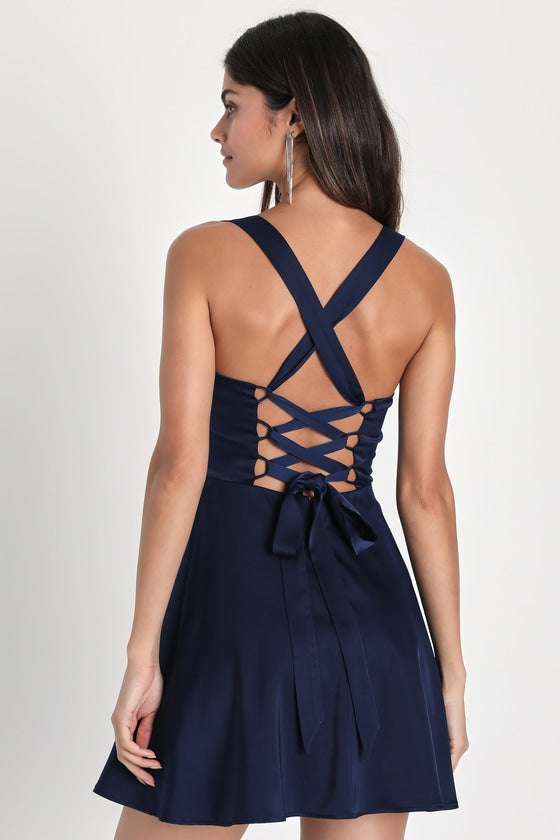 Admirably Chic Navy Blue Satin Lace-Up Mini Dress With Pockets