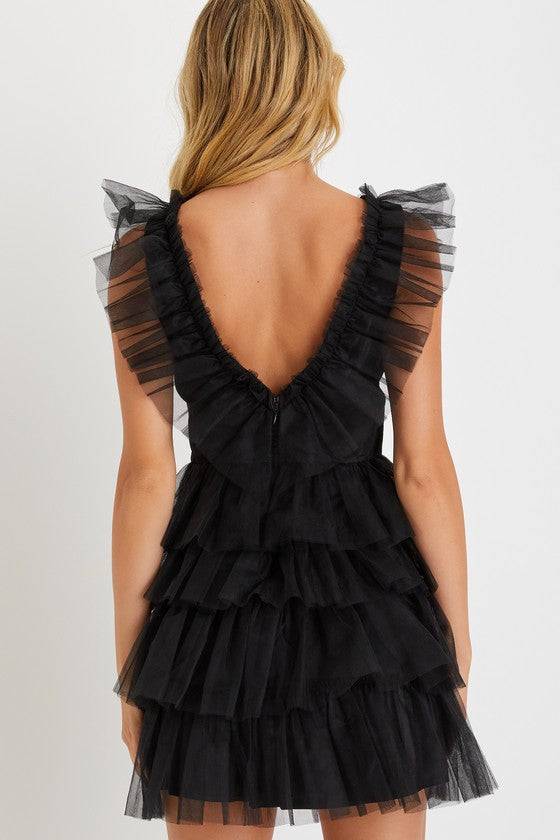 Striking Sensation Black Tulle Tiered Ruffled Mini Dress