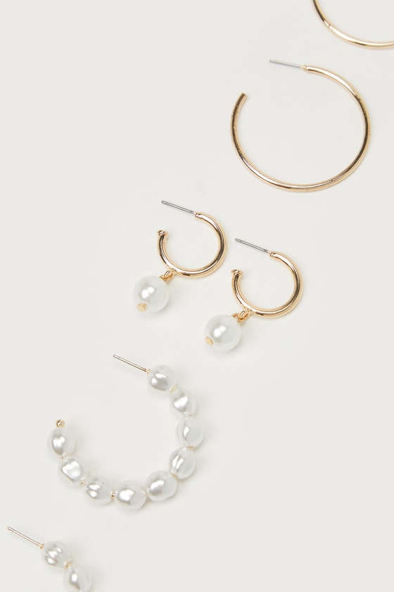 Set for Sophistication Gold Pearl Hoop Earring Set