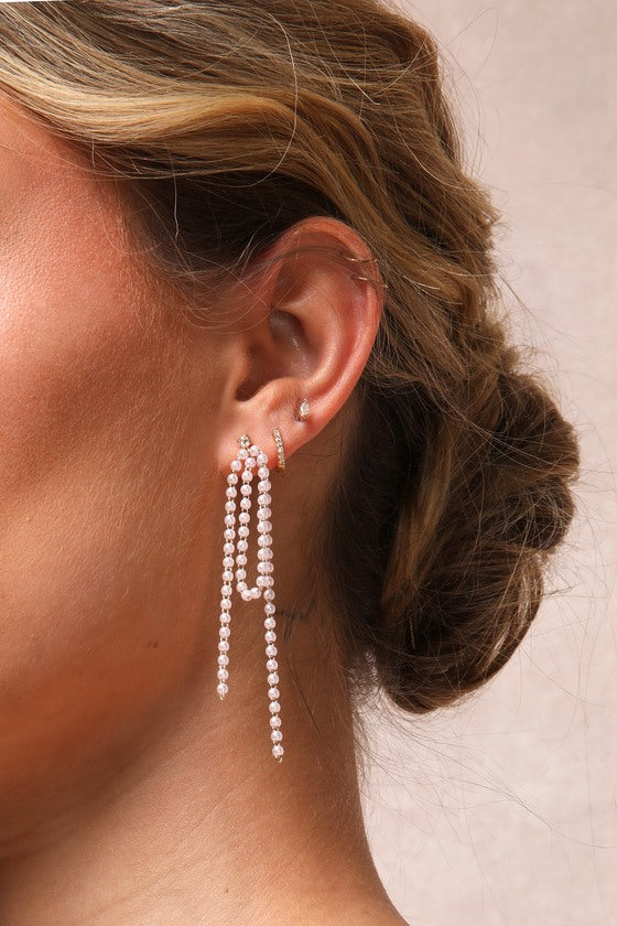 Dainty Charisma Gold and White Rhinestone Pearl Fringe Earrings