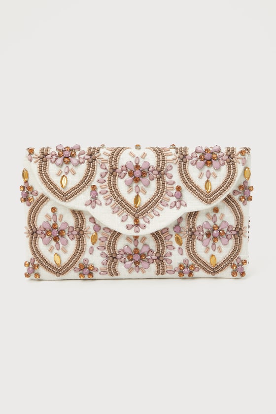 Unrivaled Aesthetic Ivory and Mauve Rhinestone Beaded Clutch