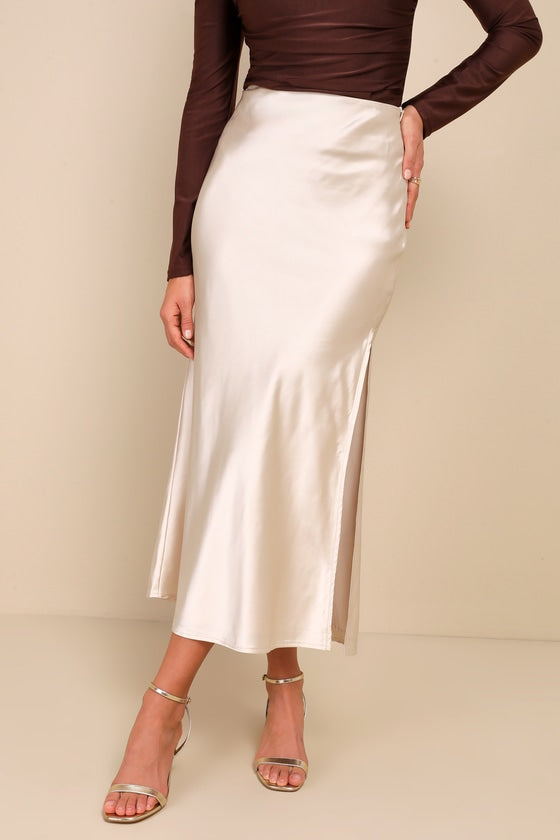 Chic Wishes Champagne Satin Midi Skirt