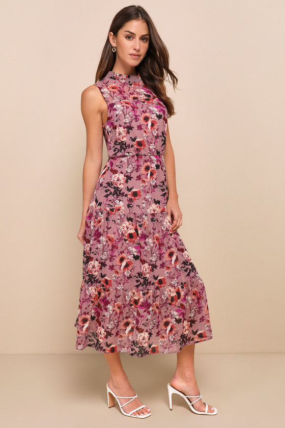 In My Dreams Mauve Floral Print Midi Dress