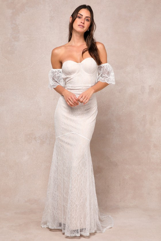 Prospering Love Beige and Ivory Lace Off-the-Shoulder Maxi Dress