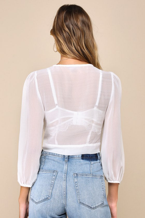 In the Breeze White Sheer Long Sleeve Tie-Front Top