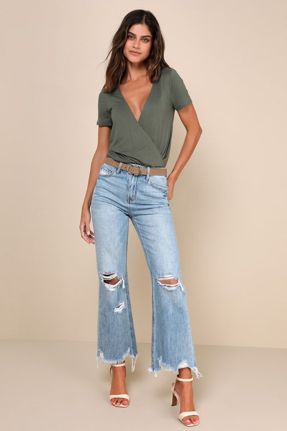 Crystal Medium Wash Distressed High Rise Wide Leg Raw Hem Jeans