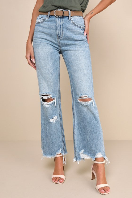 Crystal Medium Wash Distressed High Rise Wide Leg Raw Hem Jeans