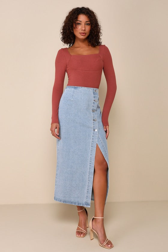 Covetable Cutie Light Wash Denim Button-Front Midi Skirt