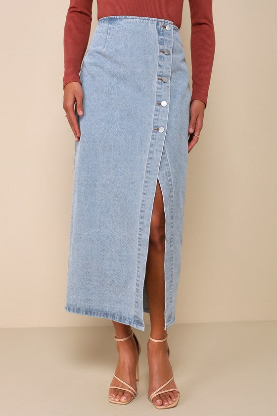 Covetable Cutie Light Wash Denim Button-Front Midi Skirt