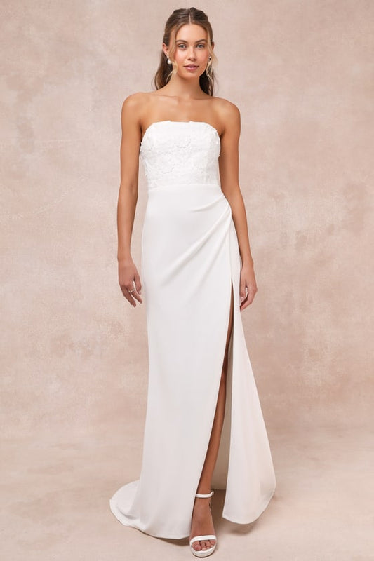 Refined Glow White 3D Embroidered Sequin Strapless Maxi Dress