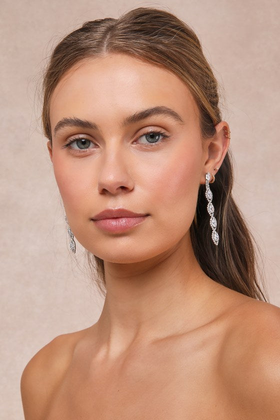 Upscale Direction Silver Rhinestone Drop Earrings