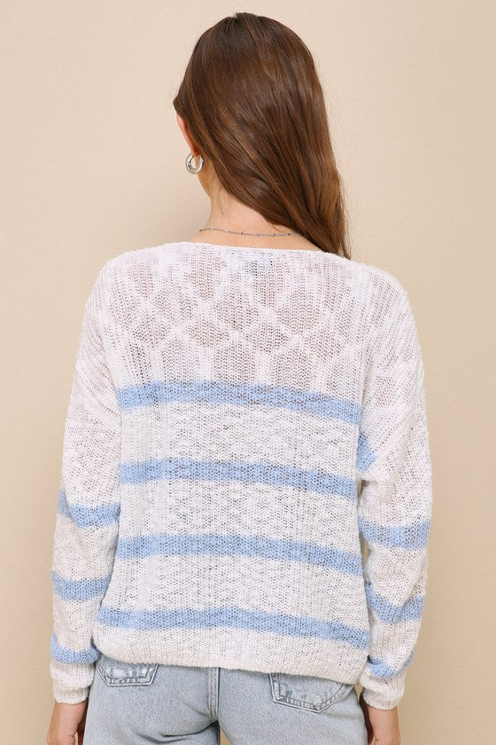 Relaxed Essence White and Blue Striped Loose Knit Sweater Top