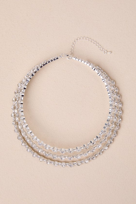 Sparkling Event Silver Rhinestone Layered Choker Necklace