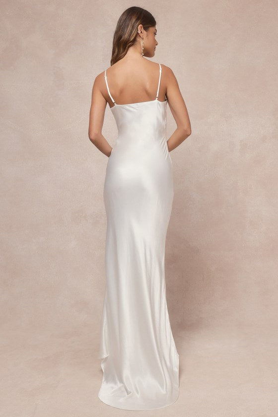 Elegantly Adored White Satin Button-Front Slip Maxi Dress