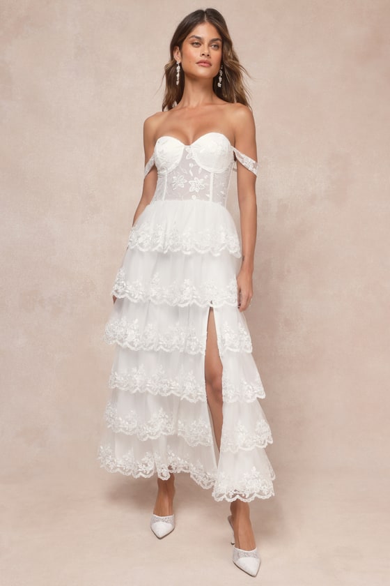 Luxe Beauty White Embroidered Tiered Off-the-Shoulder Dress