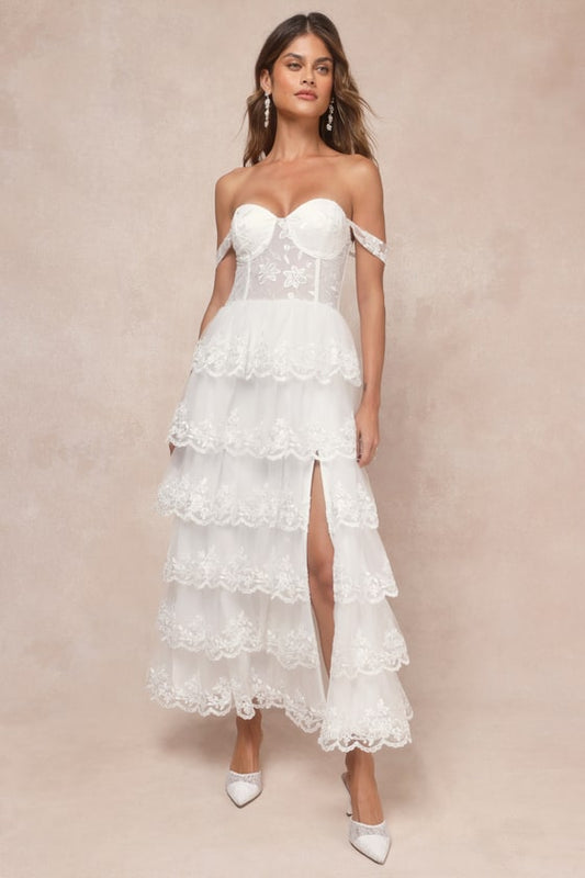 Luxe Beauty White Embroidered Tiered Off-the-Shoulder Dress