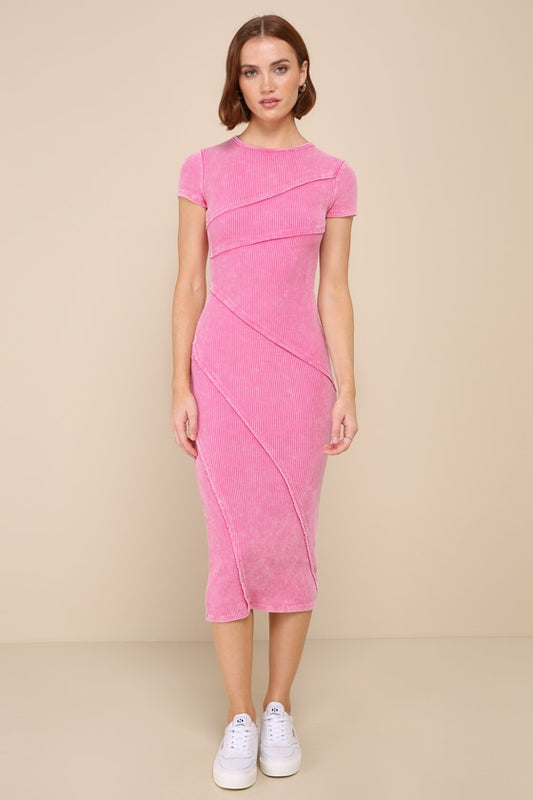 Totally the Sweetest Washed Pink Ribbed Seamed Midi Dress