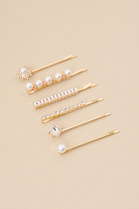 Elegant Gleam Gold Rhinestone Pearl Six-Piece Hair Clip Set