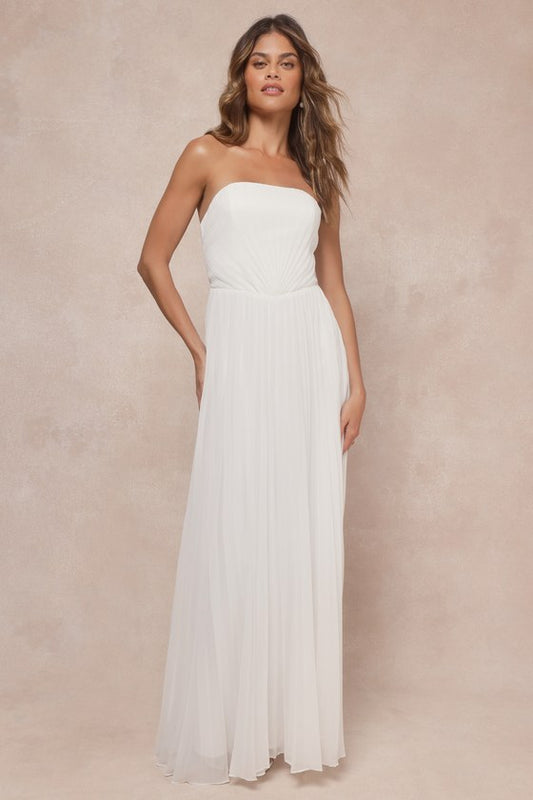 Effervescent Love White Pleated Strapless A-Line Maxi Dress