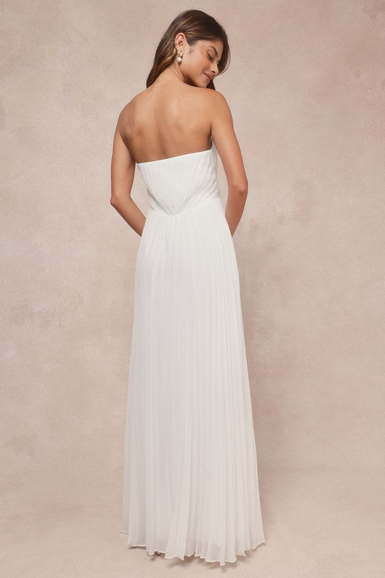 Effervescent Love White Pleated Strapless A-Line Maxi Dress