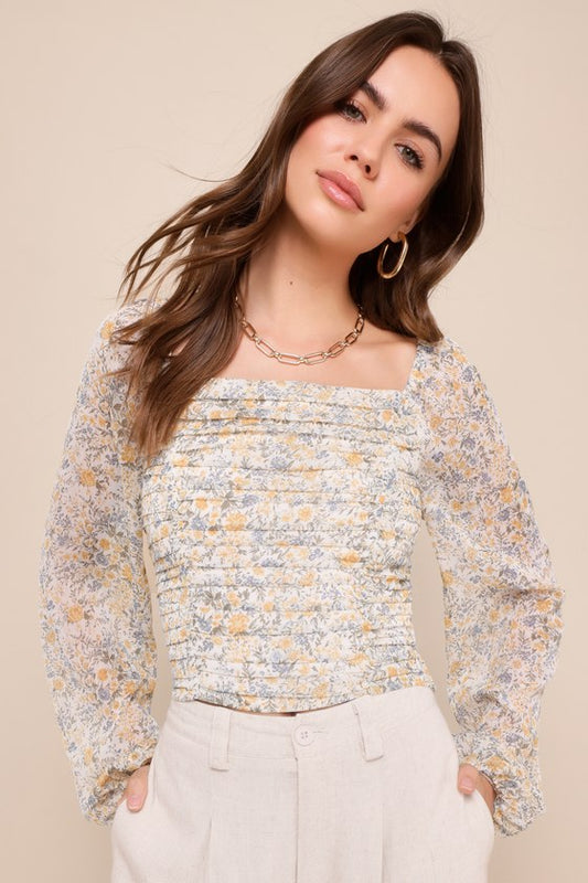 Mood Setter Ivory Floral Print Ruched Long Sleeve Top