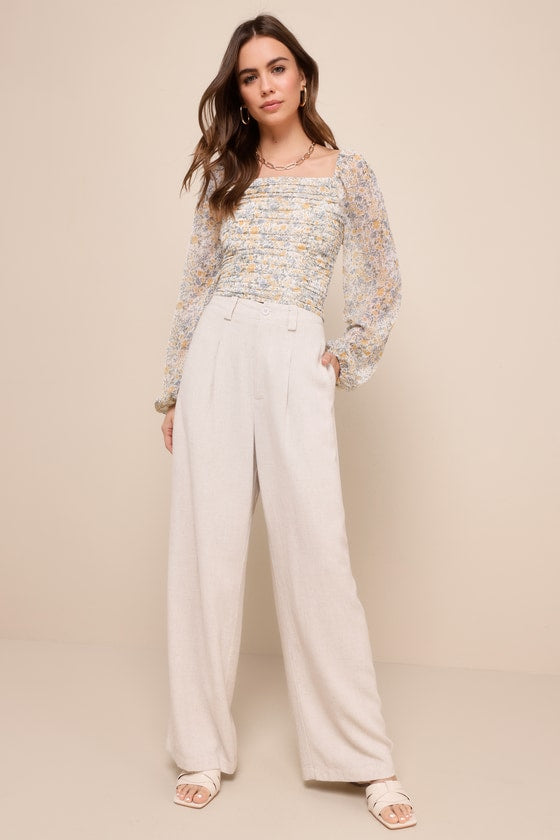 Mood Setter Ivory Floral Print Ruched Long Sleeve Top