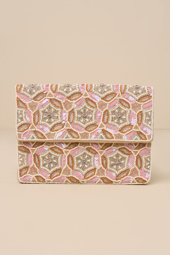 Decidedly Posh Beige and Pink Geometric Beaded Sequin Clutch