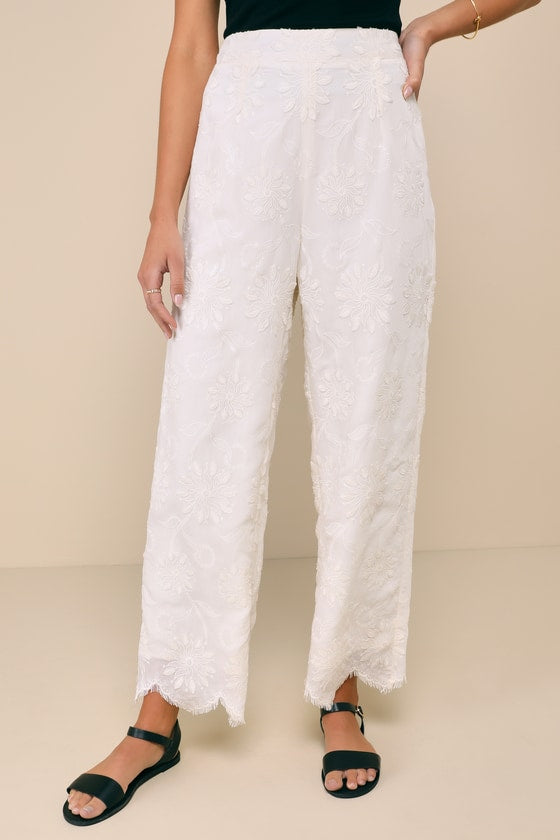 Cute Chicness Ivory Floral Embroidered Fringe High-Rise Pants