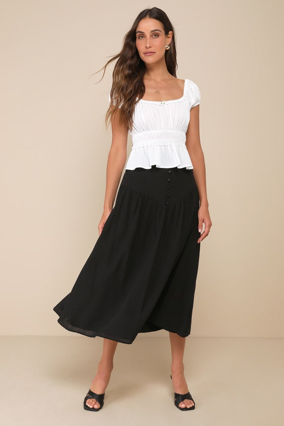 Ethereal Charm Black Drop Waist High-Rise Midi Skirt