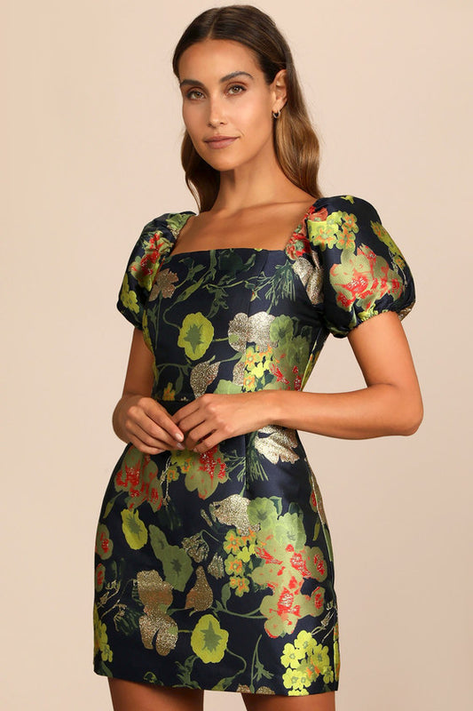 So Stunning Navy Blue Floral Jacquard Puff Sleeve Mini Dress