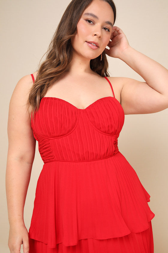 Cascading Crush Red Tiered Bustier Midi Dress