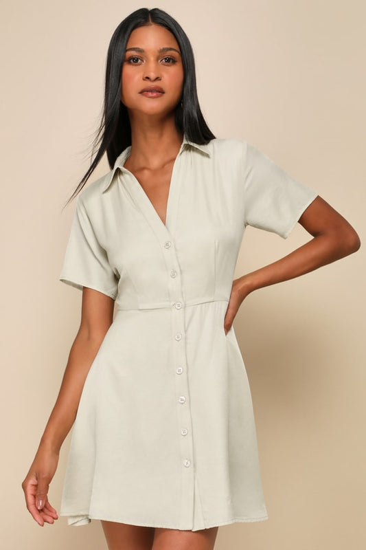 Pleasant Darling Beige Short Sleeve Button-Up Mini Dress