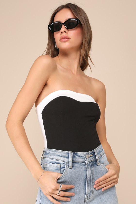 Impressive Edge Black and Ivory Color Block Strapless Bodysuit