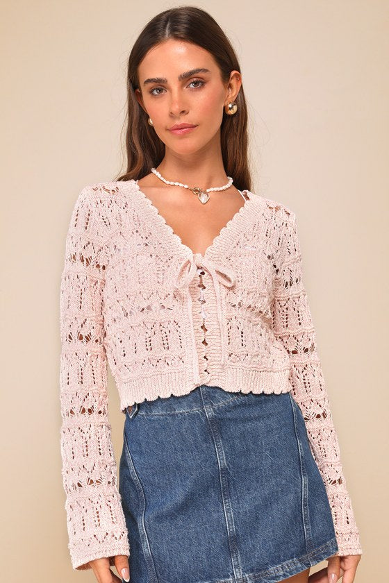 Casually Precious Pink Marled Crochet Tie-Front Cardigan Sweater