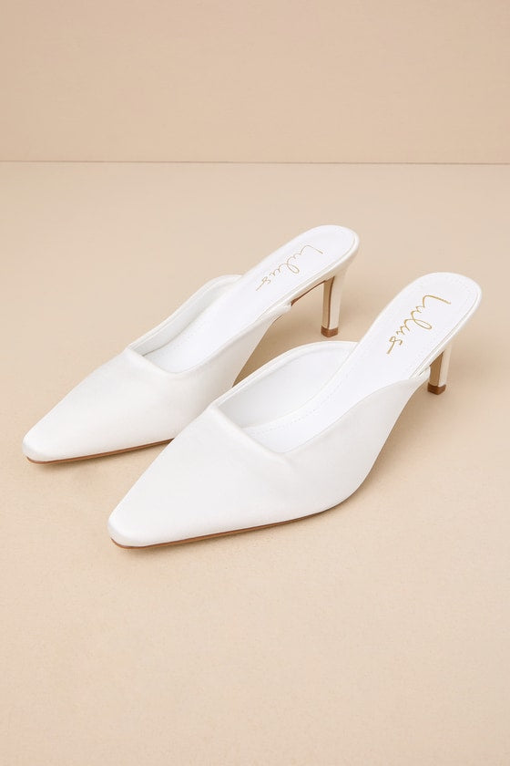 Daliah White Satin Pointed-Toe Mule Pumps