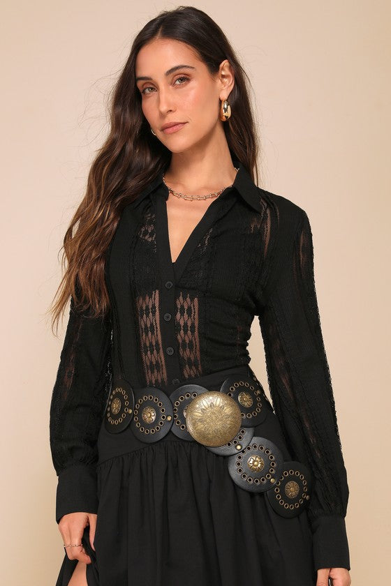 Unique Effect Black Lace Sheer Long Sleeve Button-Up Top