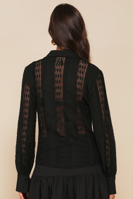 Unique Effect Black Lace Sheer Long Sleeve Button-Up Top