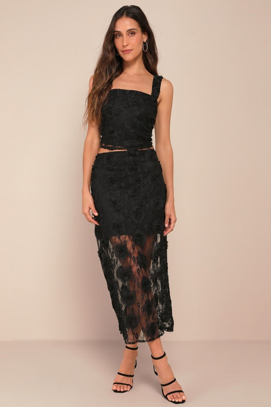 Undeniable Effect Black Sheer Lace Rosette Midi Skirt