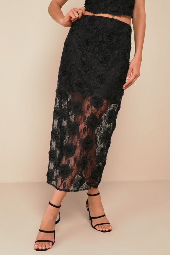 Undeniable Effect Black Sheer Lace Rosette Midi Skirt