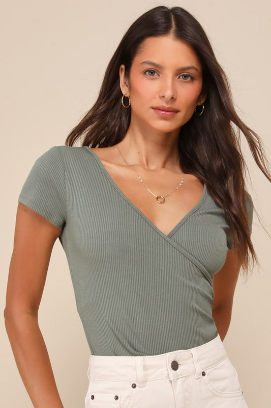 All Day Fave Sage Green Ribbed Surplice Short Sleeve Bodysuit