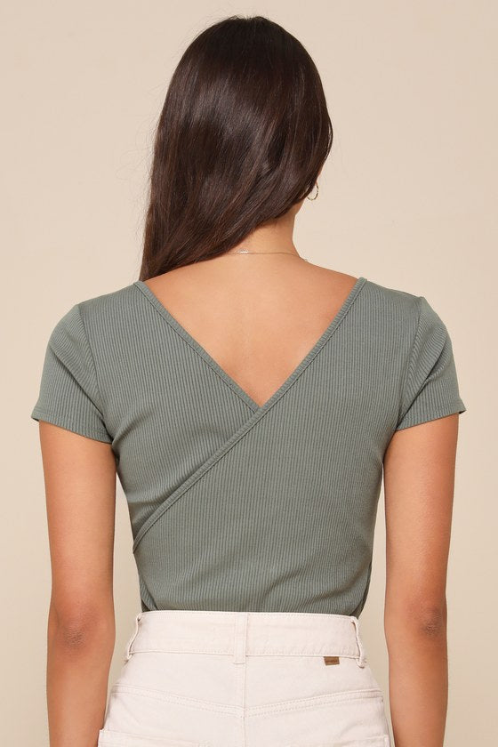 All Day Fave Sage Green Ribbed Surplice Short Sleeve Bodysuit