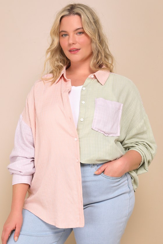 Block To It Pink Multi Colorblock Long Sleeve Button-Up Top