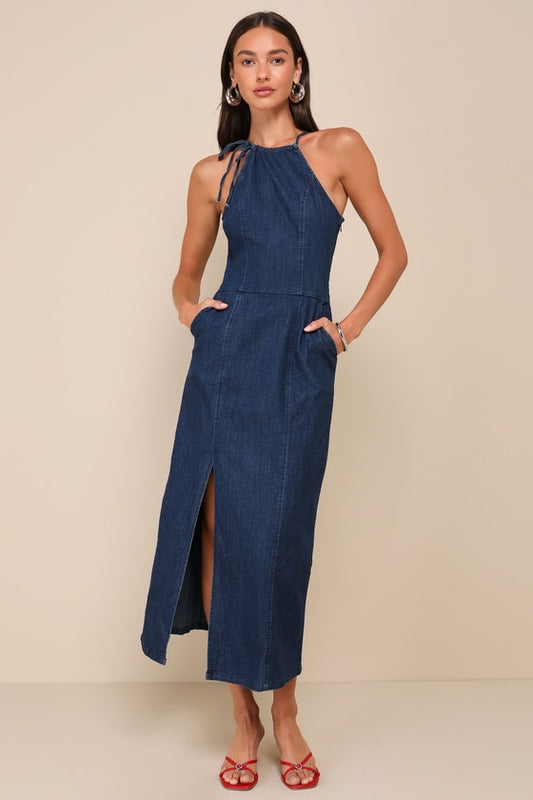 Chicest Era Dark Wash Denim Halter Midi Dress with Pockets