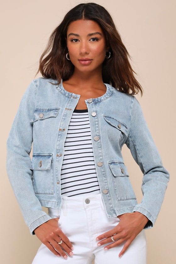 Delightful Energy Light Wash Collarless Button-Up Denim Jacket